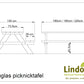 Tekening met afmetingen van picknicktafel Lindor