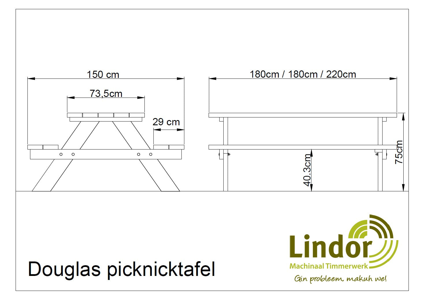 Tekening met afmetingen van picknicktafel Lindor